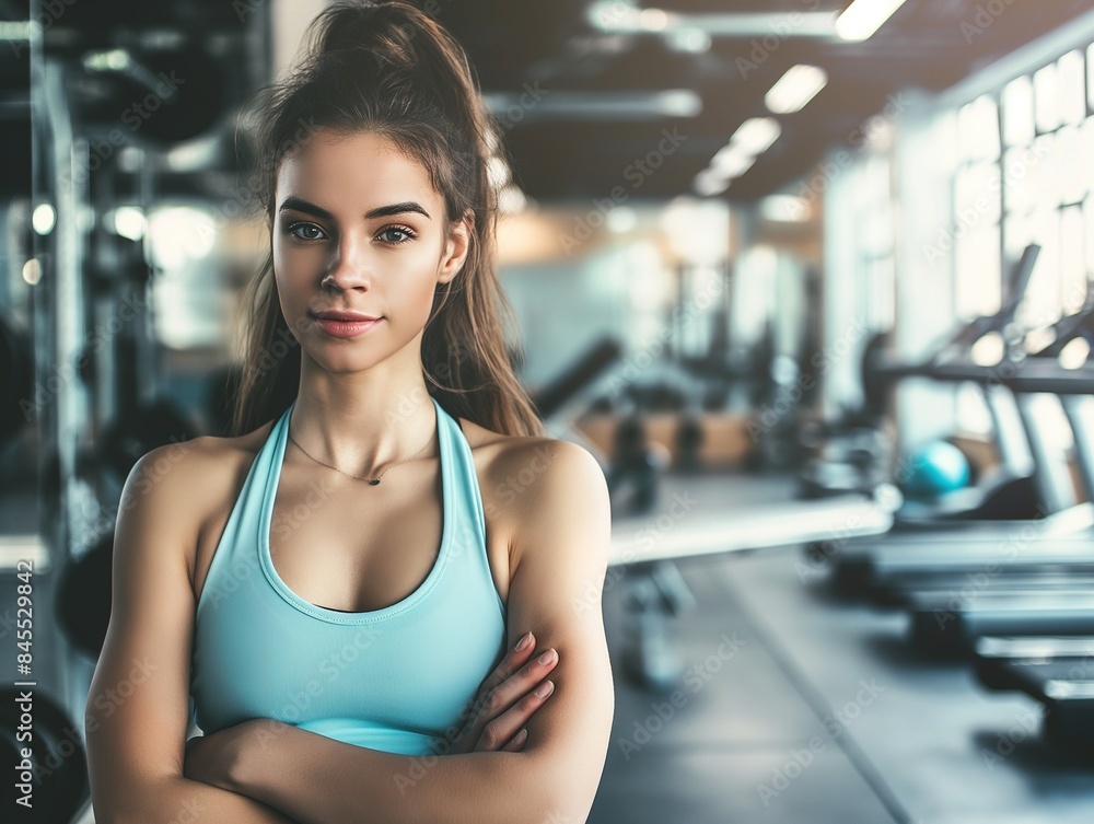 Close up image of attractive sporty fit woman in gym, banner with copy space Close up image of attractive sporty fit woman in gym, banner with copy space