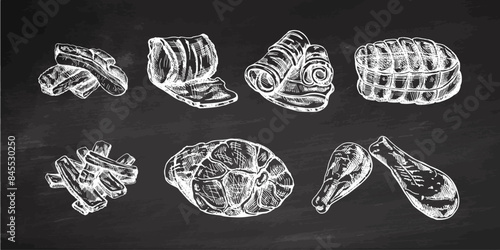 A set of hand-drawn sketches of meat pieces, ribs, beef steak, ham, pork, chicken. Fresh raw meat products. For design of menu for restaurants, butcher shop. Vintage engraved on chalkboard background.