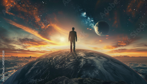 A silhouette of a person in the planet at sunset with the sun and moon in the sky