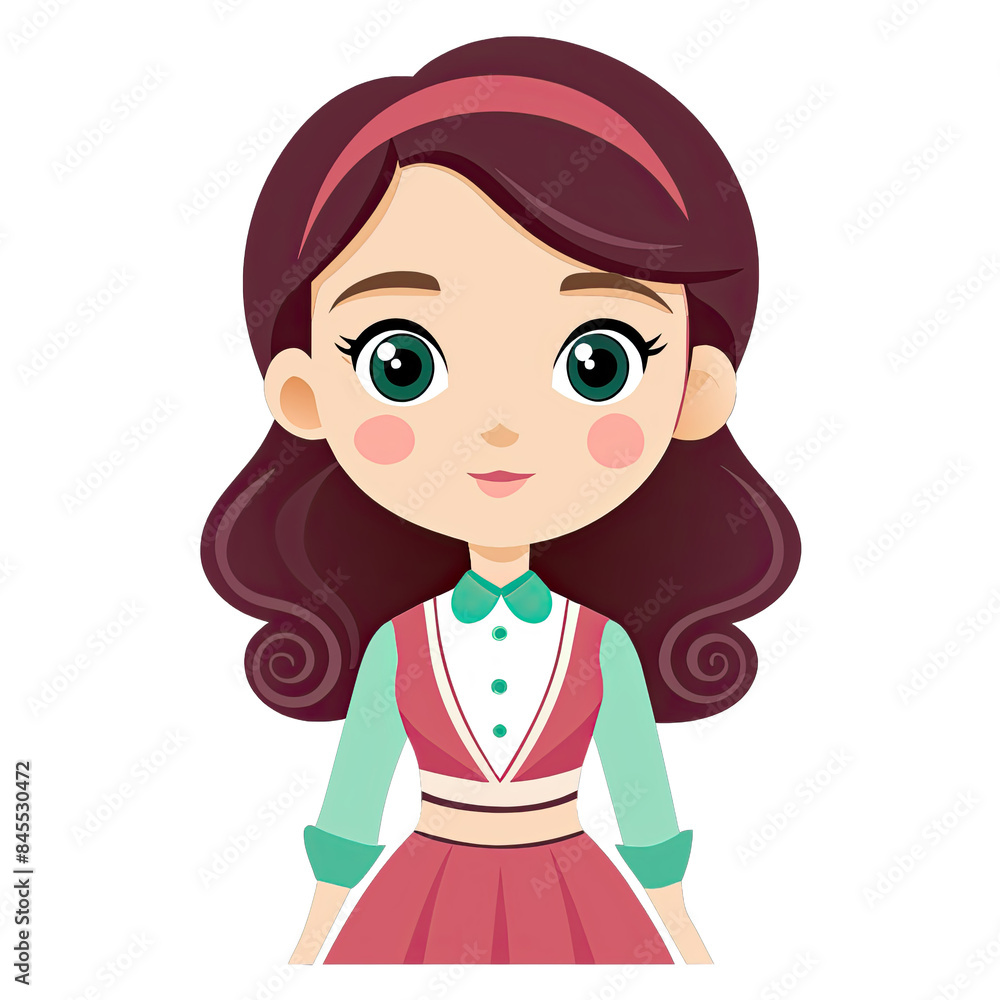 A beautiful, cartoon girl doll with long, wavy, red hair, green eyes, and a friendly smile. Generative AI A beautiful, cartoon girl doll with long, wavy, red hair, green eyes, and a friendly smile. Generative AI