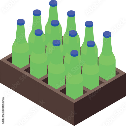 Ten green bottles with blue caps are standing upright inside a brown wooden crate