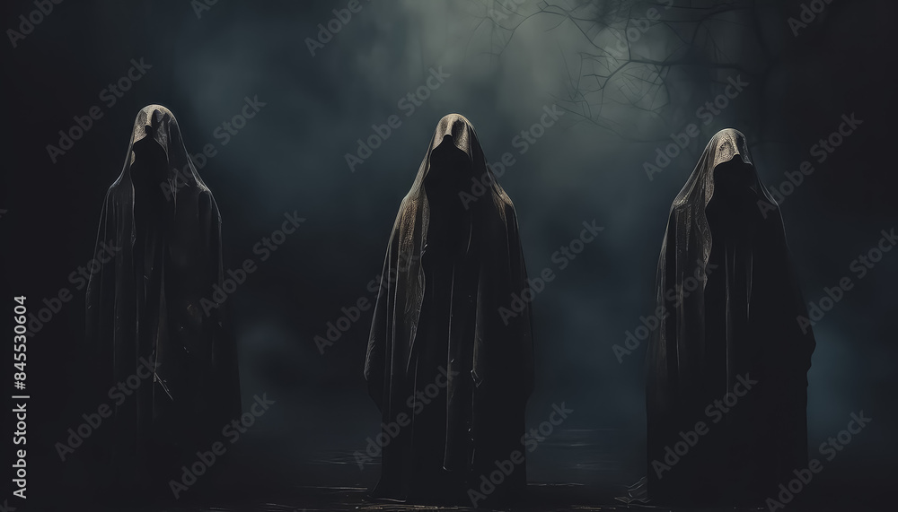 Three dark figures are standing in a foggy, eerie atmosphere Three dark figures are standing in a foggy, eerie atmosphere