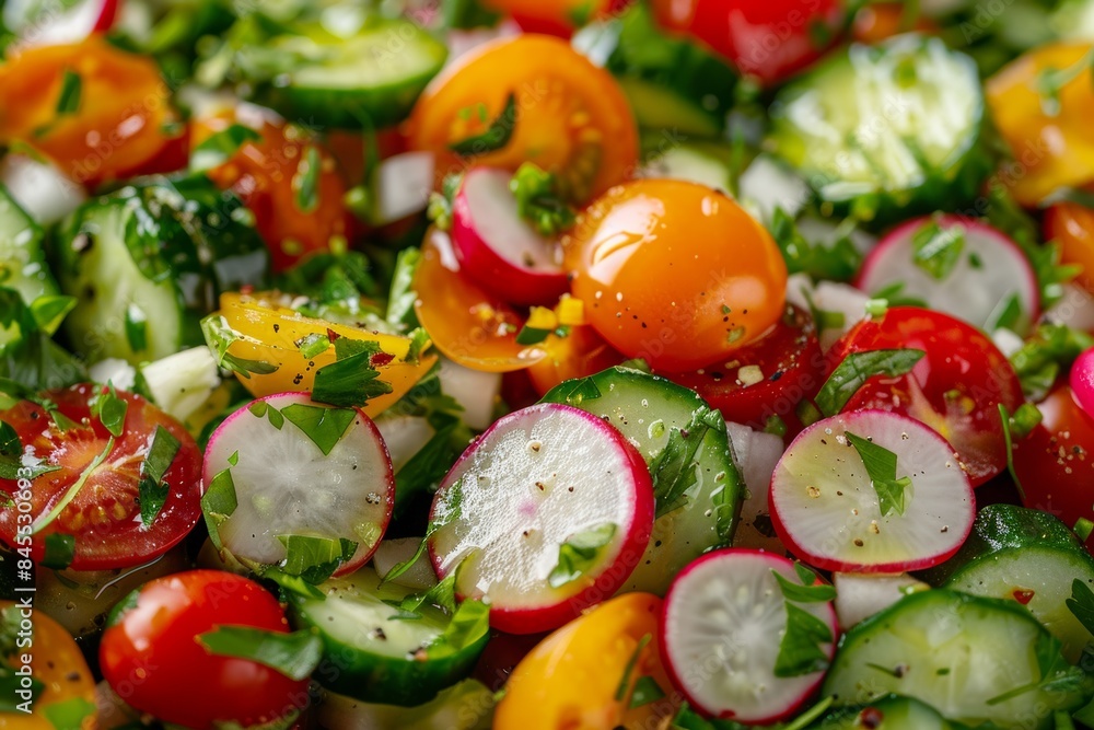 Fresh Colorful Vegetable Salad with Cherry Tomatoes, Cucumbers, Radishes, and Vinaigrette - Perfect for Healthy Meals Fresh Colorful Vegetable Salad with Cherry Tomatoes, Cucumbers, Radishes, and Vinaigrette - Perfect for Healthy Meals