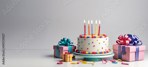 Colorful celebration birthday cake decorated with candies and colorful candles with pastel buttercream frosting against a plain with balloon in white background.ai generated