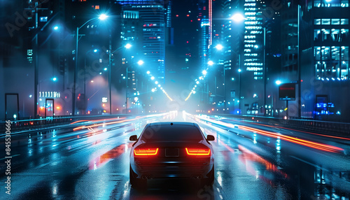 Nighttime City Traffic with Lights and Cars