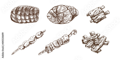 Set of hand-drawn sketches of meat pieces, ribs, ham, pork, dried meat, kebabs. Fresh meat products. For design of menu, butcher shop.