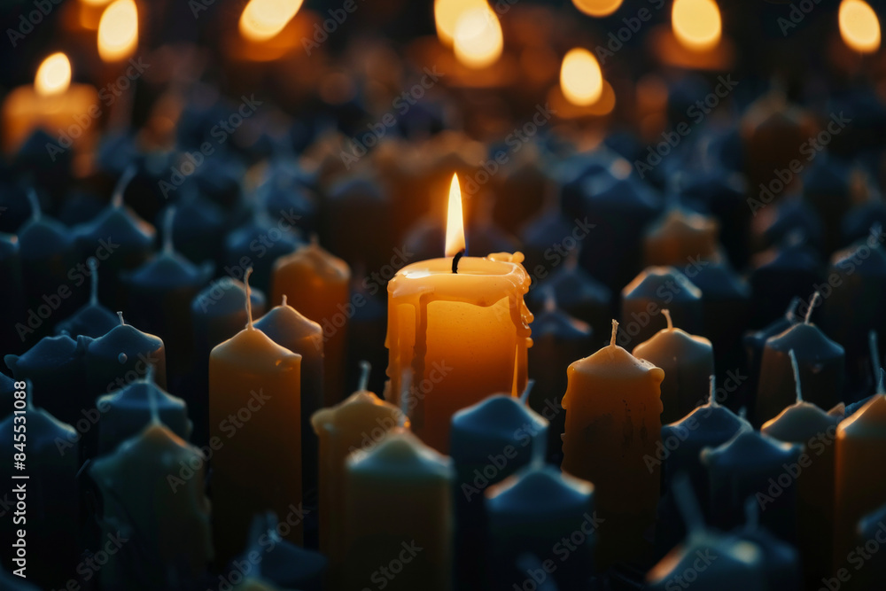 Fototapeta premium A single lit candle in the middle of unlit candles. 