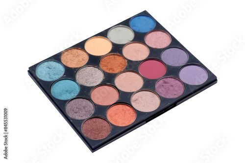 Multi-colored eyeshadow palette case isolated on transparent background.