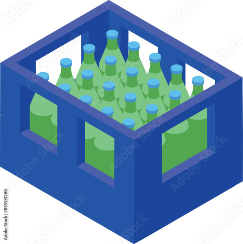 Blue plastic crate holding green glass bottles full of liquid, perfect for illustrating concepts like beverage delivery or recycling