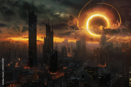 Eclipse view of the futuristic city on alien planet, digital painting, concept illustration