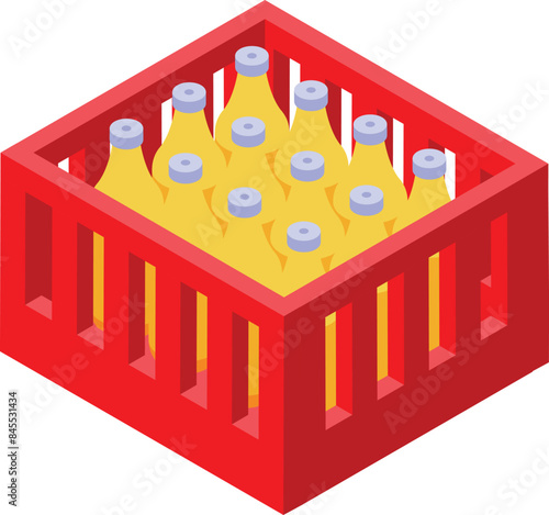 Red plastic crate full of glass bottles with yellow liquid inside isometric 3d icon