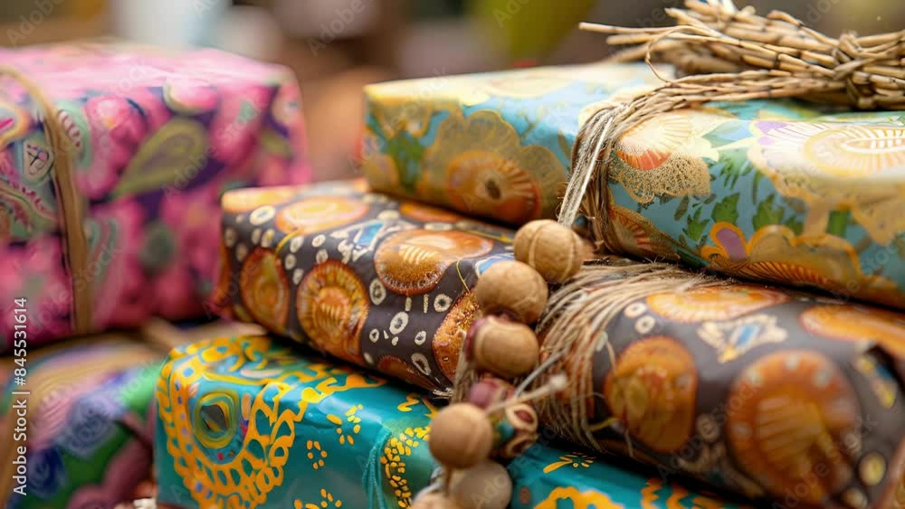 A stack of gifts wrapped in a mix of recycled tissue paper tied with raffia and accented with wooden beads. A stack of gifts wrapped in a mix of recycled tissue paper tied with raffia and accented with wooden beads.