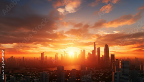 A city skyline with a large sun in the sky