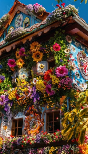 Vibrantly Decorated Oktoberfest Parade Float with Colorful Flowers and Traditional Motifs