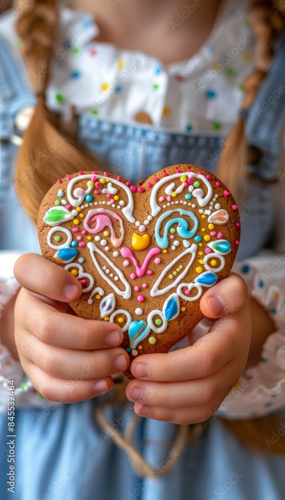 Fototapeta premium Bavarian Gingerbread Heart Cookie Decorated with Colorful Icing Held by Child at Oktoberfest
