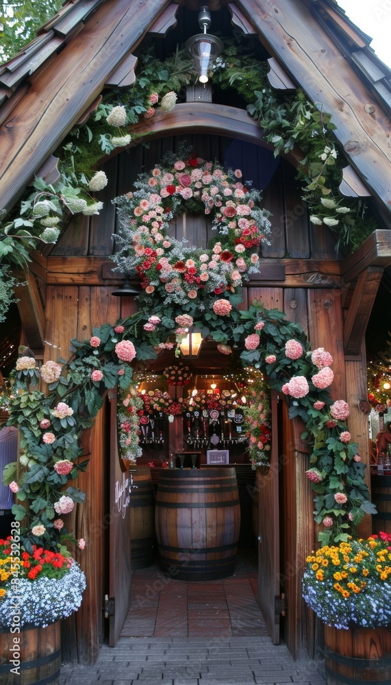 Fototapeta premium Beautifully Decorated Entrance to a Bavarian Beer Tent at Oktoberfest with Floral Arrangements and Wooden Structure