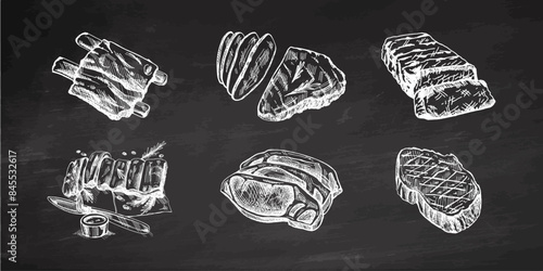 Organic food. Hand-drawn monochrome vector sketches of grilled beef steaks, pieces of meat, ribs. Vintage illustration. Decorations for the menu. Engraved image on chalkboard background.
