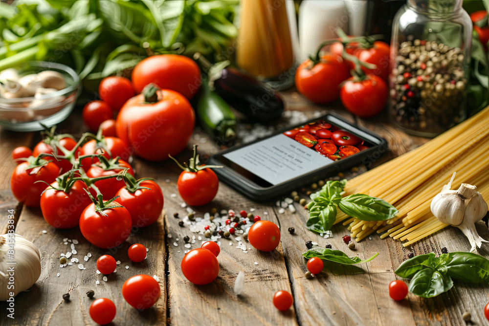 Fresh vegetables and pasta ingredients arranged on a wooden table with a smartphone displaying a recipe on the screen, promoting healthy cooking and meal planning Fresh vegetables and pasta ingredients arranged on a wooden table with a smartphone displaying a recipe on the screen, promoting healthy cooking and meal planning