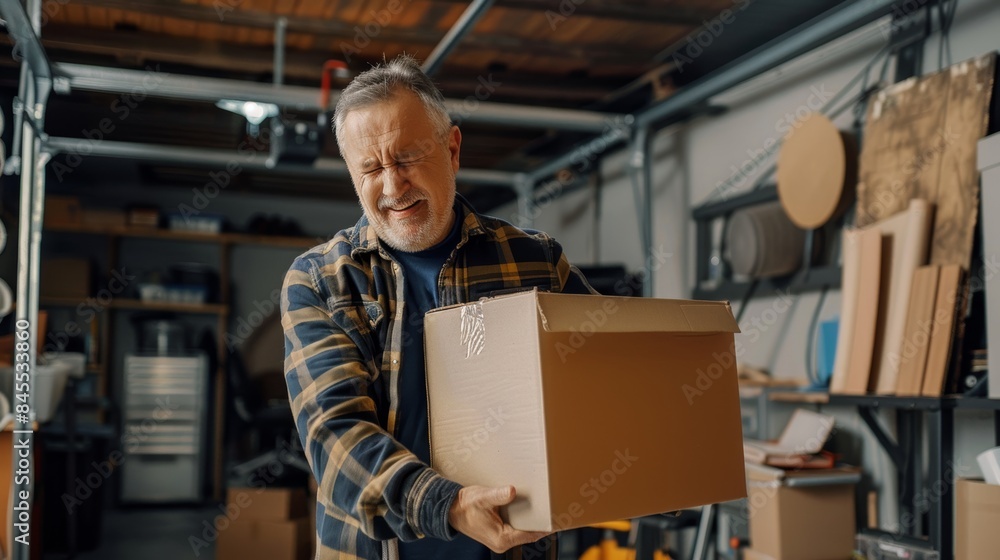 Middle-aged Man Experiencing Back Pain While Lifting a Box in an Organized Garage Middle-aged Man Experiencing Back Pain While Lifting a Box in an Organized Garage