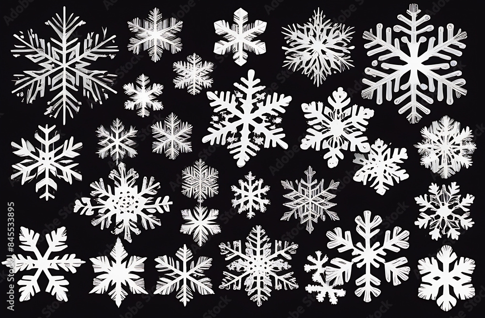 Snowflakes isolated collection, white snow on black winter set, watercolor illustration. Snowflakes isolated collection, white snow on black winter set, watercolor illustration.