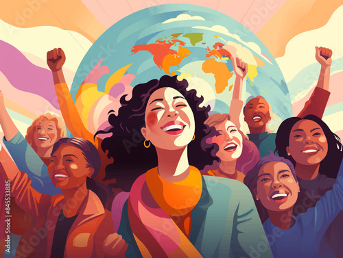 Cheerful multigenerational and multiracial women celebrating unity and feminity on women's day. Illustration