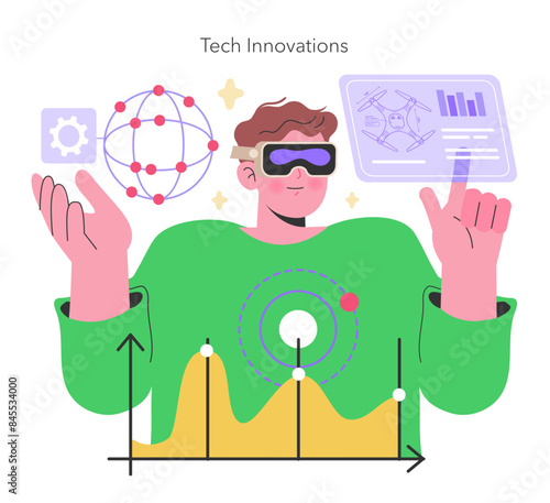 Maker Culture concept Man with VR headset interacts with futuristic technology, symbolizing the cutting-edge of tech innovations and virtual possibilities Vector illustration