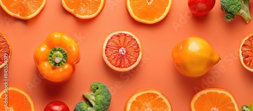 Vibrant fruit and vegetable composition on an orange backdrop. Flat lay showcasing creativity and a macro view on food.