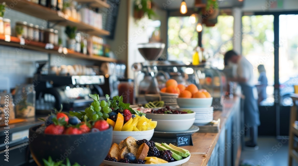Modern Cafe with Gluten-Free Breakfast Menu Including Avocado Toast, Smoothie Bowls, and Fresh Fruit Modern Cafe with Gluten-Free Breakfast Menu Including Avocado Toast, Smoothie Bowls, and Fresh Fruit