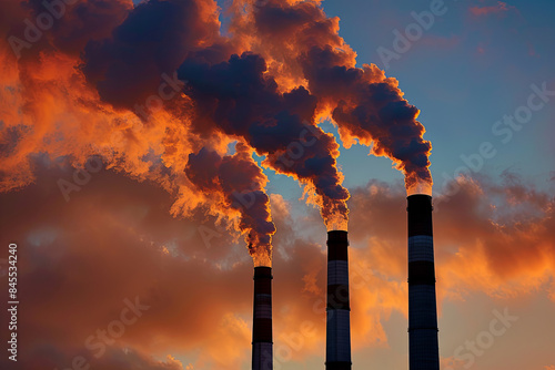 Dramatic sunset sky with industrial smoke stacks in the foreground, creating an atmospheric and thought-provoking image photo