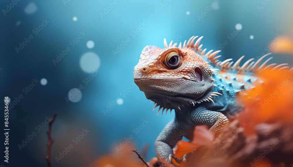 Blue-orange chameleon on a branch Blue-orange chameleon on a branch