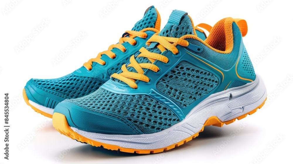 a close up of a pair of blue and orange running shoes a close up of a pair of blue and orange running shoes
