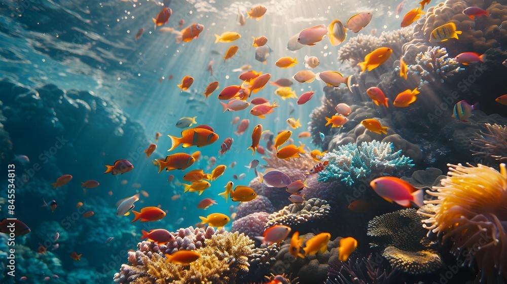 Naklejka premium Vibrant Underwater Coral Reef Teeming with Colorful Tropical Fish Marine Life Paradise
