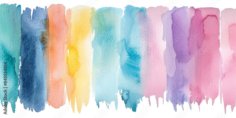 Naklejka premium Set of watercolor brush strokes in rainbow colors on white background. Concept of creativity, art, and color.