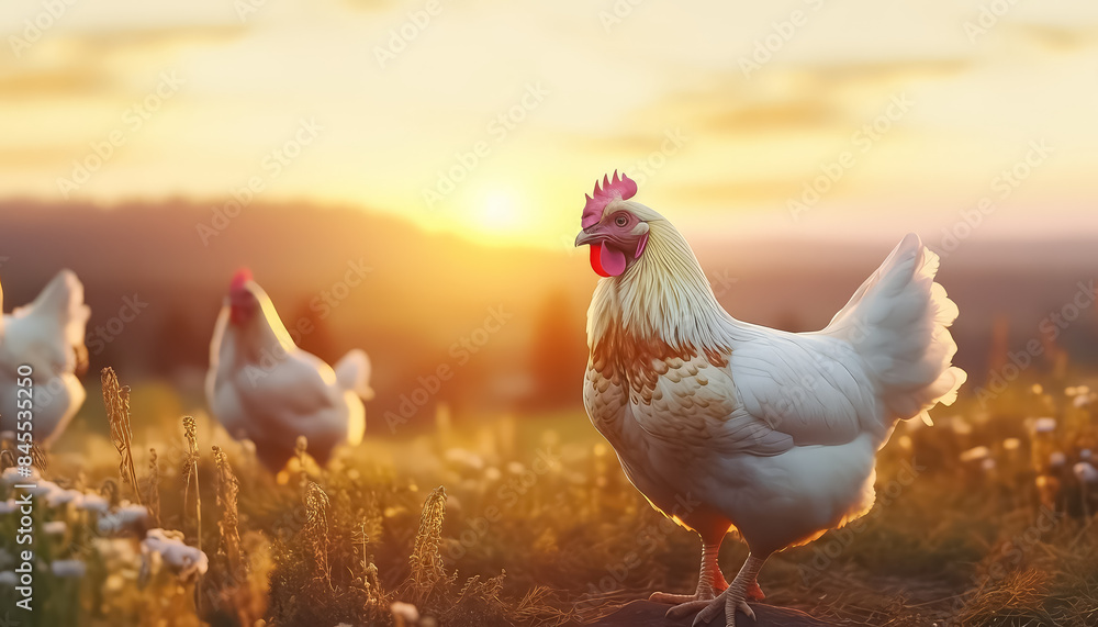 Fototapeta premium Free-range chickens in an eco farm at sunset