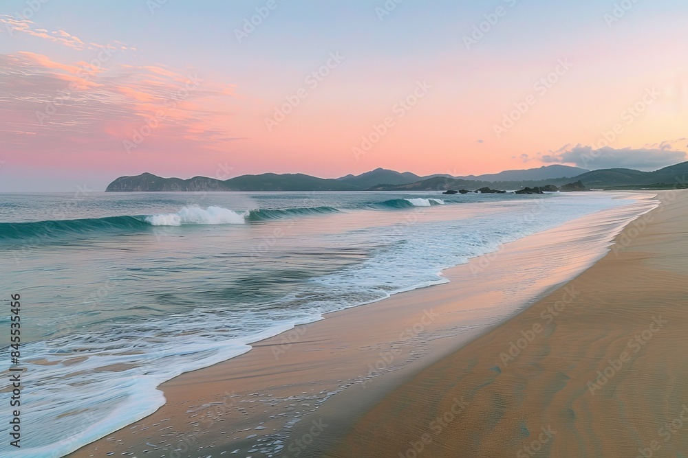 Obraz premium Serene Sunrise on Madagascar's Eastern Coastline - Tranquil Beauty of Golden Sands, Gentle Waves, and Soft Pink Skies