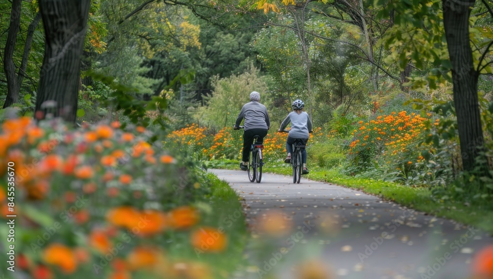 Couple Cycling Through Autumnal Forest Couple Cycling Through Autumnal Forest
