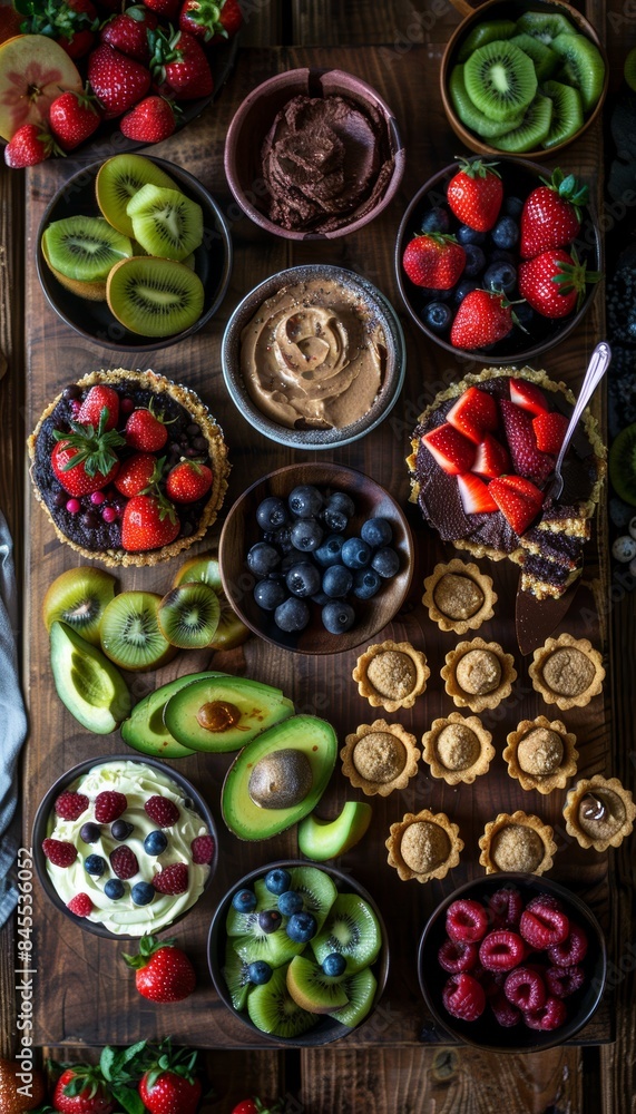 Raw Dessert Platter with Chocolate Avocado Mousse, Fruit Tarts, and Energy Balls on Wooden Table Raw Dessert Platter with Chocolate Avocado Mousse, Fruit Tarts, and Energy Balls on Wooden Table