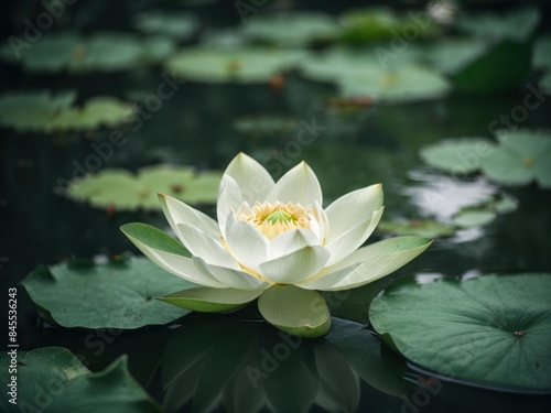 beautiful White Lotus Flower with green leaf in in pond