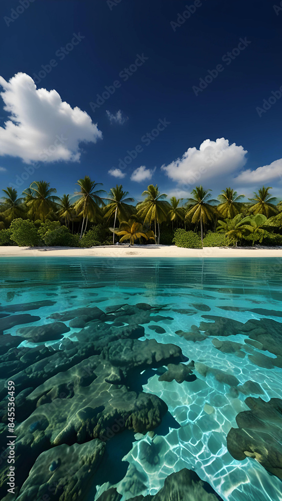 Obraz premium Starlit Coral Haven: highlighting the natural beauty of the coral formations in the shallow, crystal-clear water, alongside lush, illuminated coconut trees.