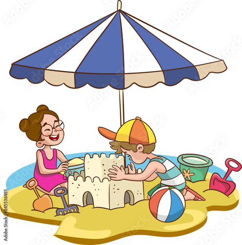 cute children build a sand castle. Kids play on the beach near the sea. Vector illustration in children's style.