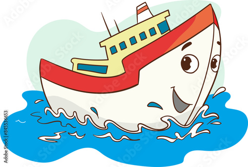 Fish trawler boat on sea vector nautical background. Commercial fishing ship with lifebuoy in ocean water cartoon vector illustration. Empty nautical adventure game to catch food equipment in river.