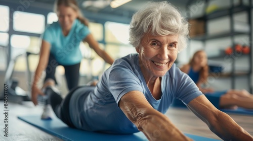 Senior Woman Engaging in Gentle Exercises with Therapist at Modern Rehabilitation Center