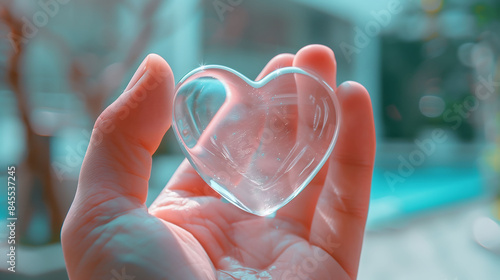 Hand holding heart in glass texture.