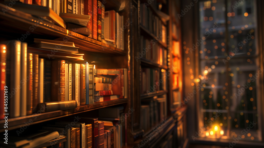 Mockup of bookshelf at night in side view, full of books and decorations in warm color tone. Built-in bookshelves in classic style lighting decorations. Mockup of bookshelf at night in side view, full of books and decorations in warm color tone. Built-in bookshelves in classic style lighting decorations.