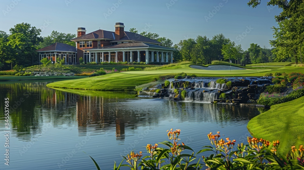 Clubhouse overlooking a picturesque golf course, offering a place to relax and unwind. Clubhouse overlooking a picturesque golf course, offering a place to relax and unwind.