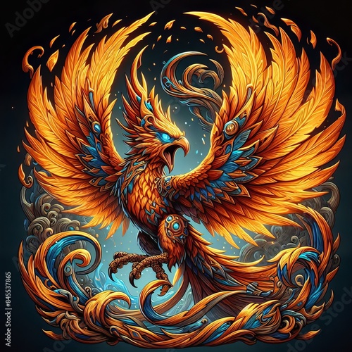Majestic Fiery Phoenix Perched on Branch - Glowing Eyes Fantasy Mythical Creature © pajus