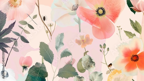 Wallpaper Mural Artistic botanical illustration with assorted flowers and leaves in soft colors on a pastel background Torontodigital.ca
