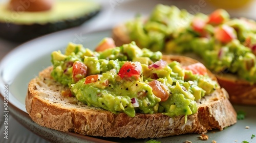 Fresh Avocado Toast with Tomato and Cilantro on Rustic Wood