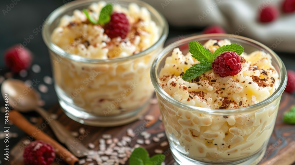 Creamy Rice Pudding with Raspberries and Mint Garnish Creamy Rice Pudding with Raspberries and Mint Garnish