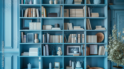 Front view of blue bookshelf mockup full of books and decorations in blue color tone, classic style, with a potted plant.